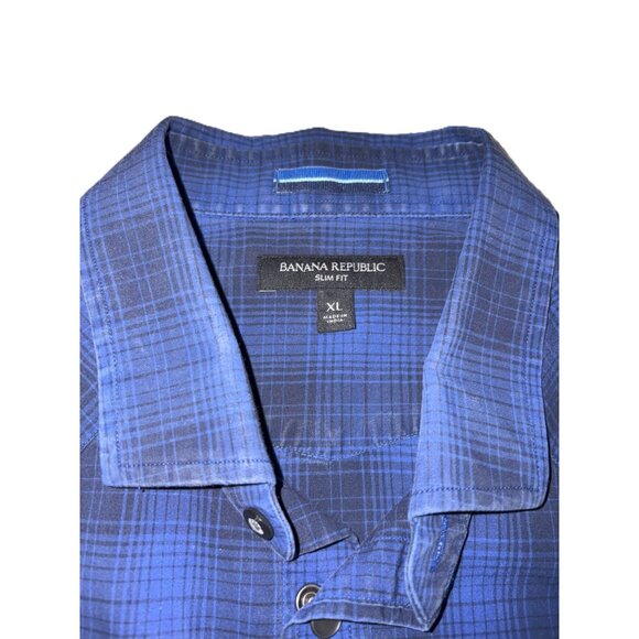Banana Republic Slim Fit Blue Black Pearl Snap Plaid Button-Up Western Shirt XL - Picture 2 of 6